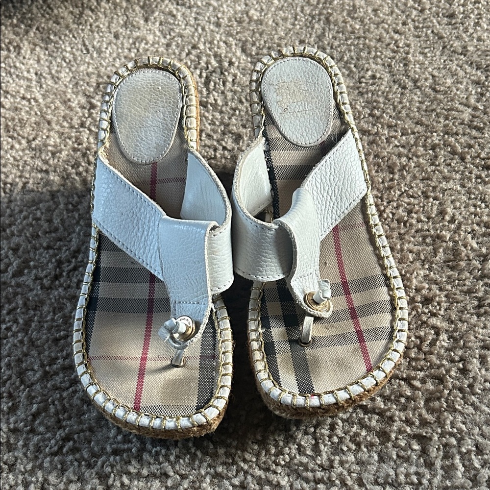 Burberry White Leather Sandals with Plaid Insole spring is almost here.